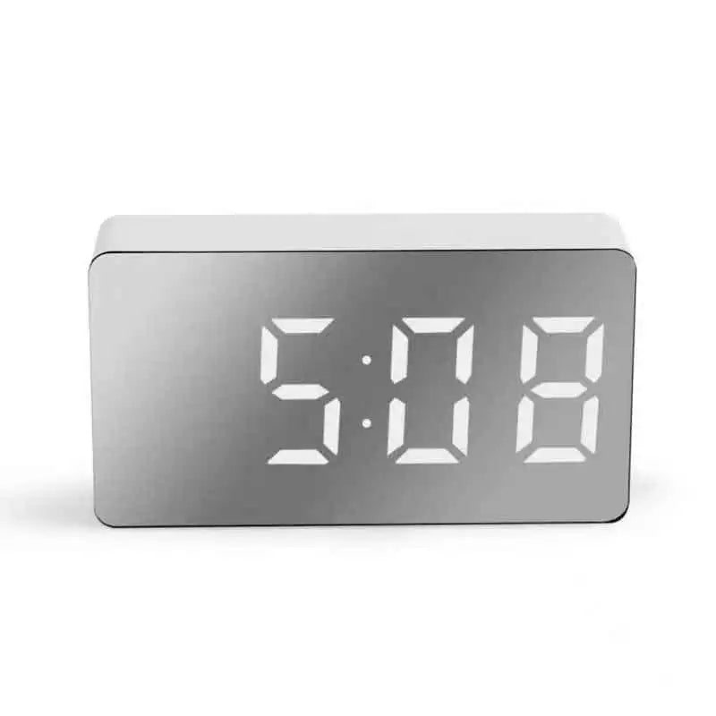 White LED Mirror Alarm Clock – USB-Powered, Snooze & Night Light