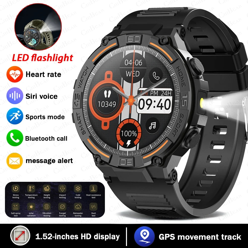 Military Smartwatch for Men – HD Screen, Heart Rate, Waterproof, BT Calls