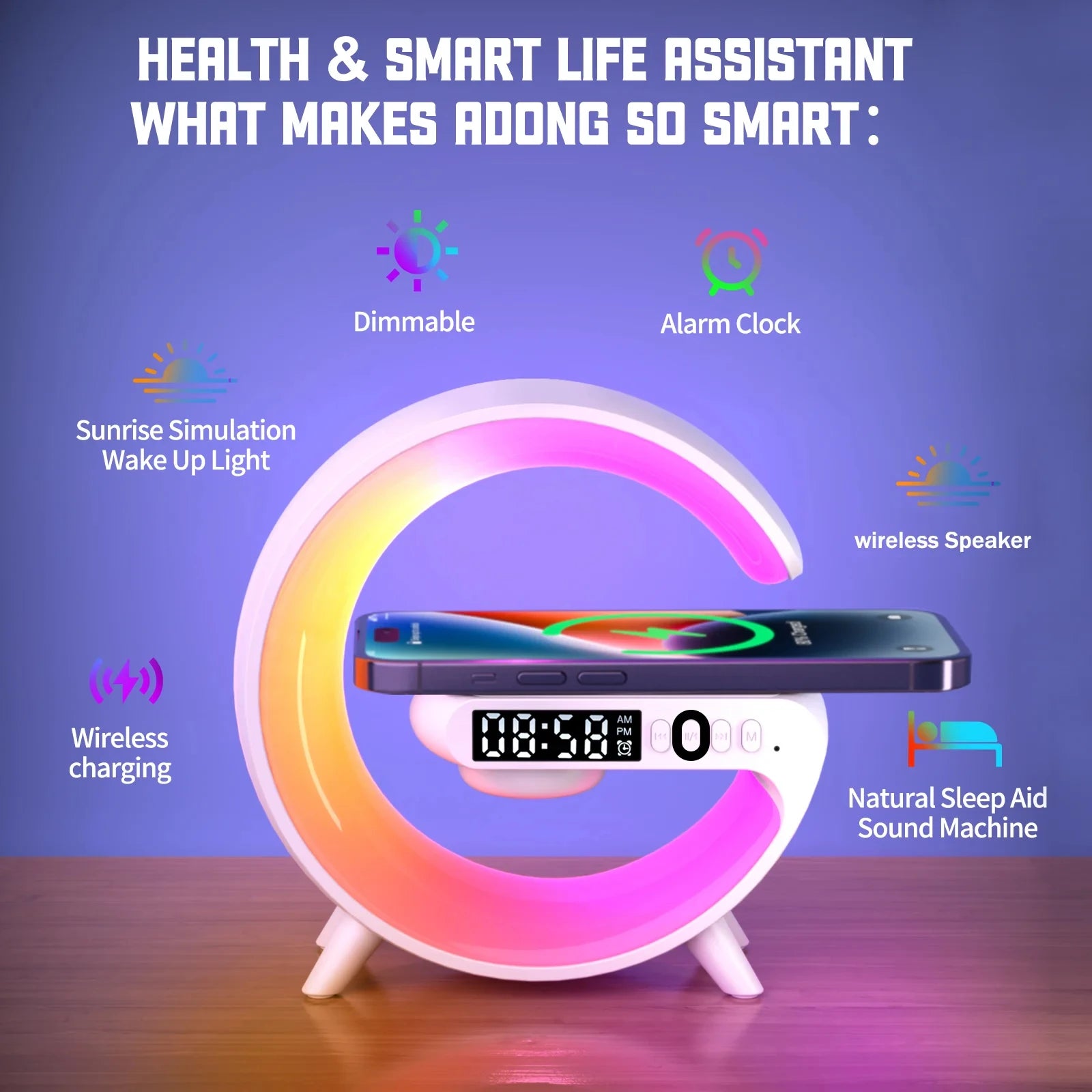 4-in-1 Wireless Charger Stand with RGB Speaker & Alarm Clock