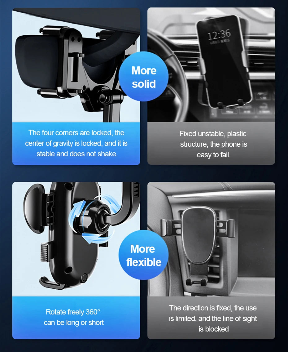 SEAMETAL 360° Rotatable Car Phone Holder – Universal Rearview Mirror Clip for GPS Navigation