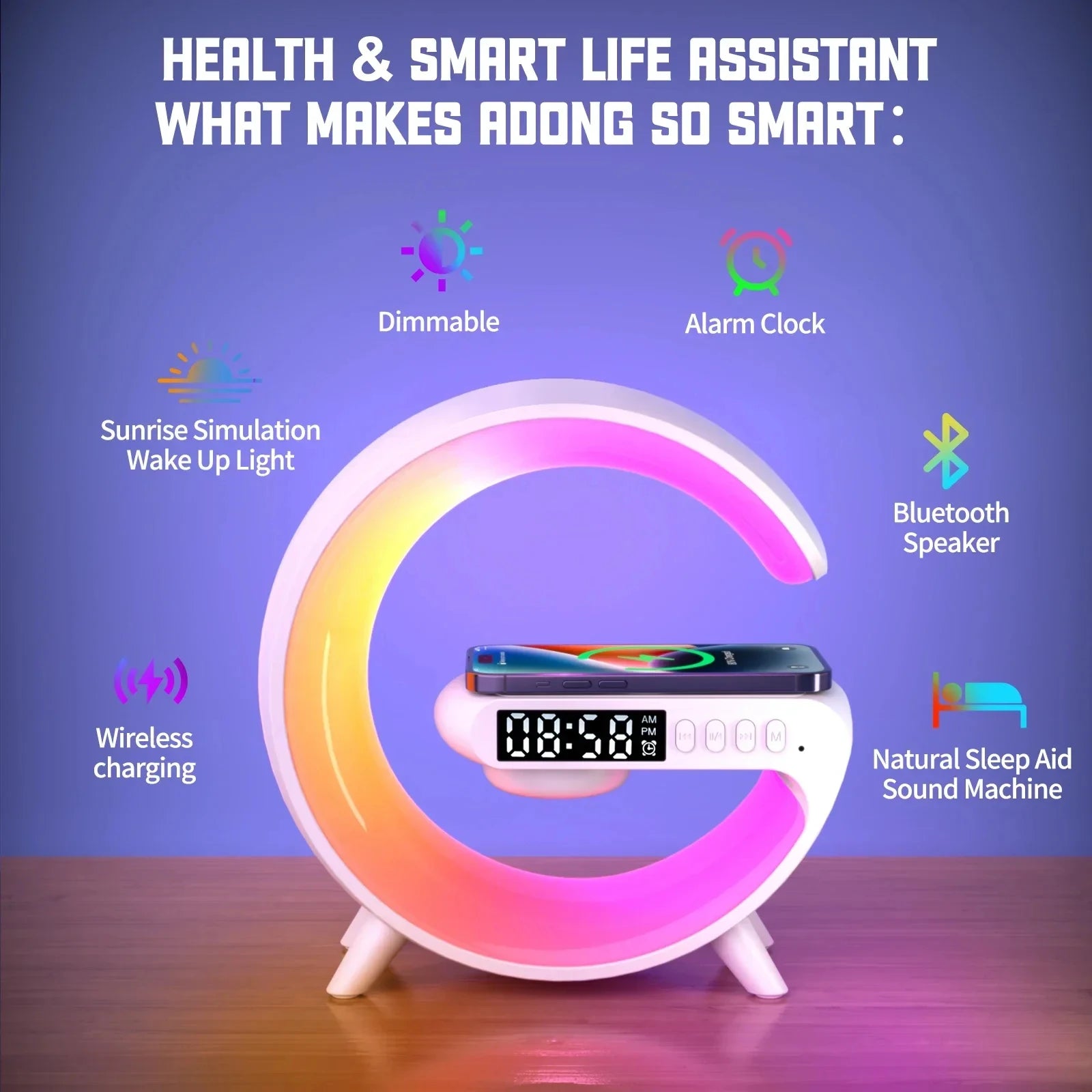 4-in-1 Wireless Charger Stand with RGB Speaker & Alarm Clock