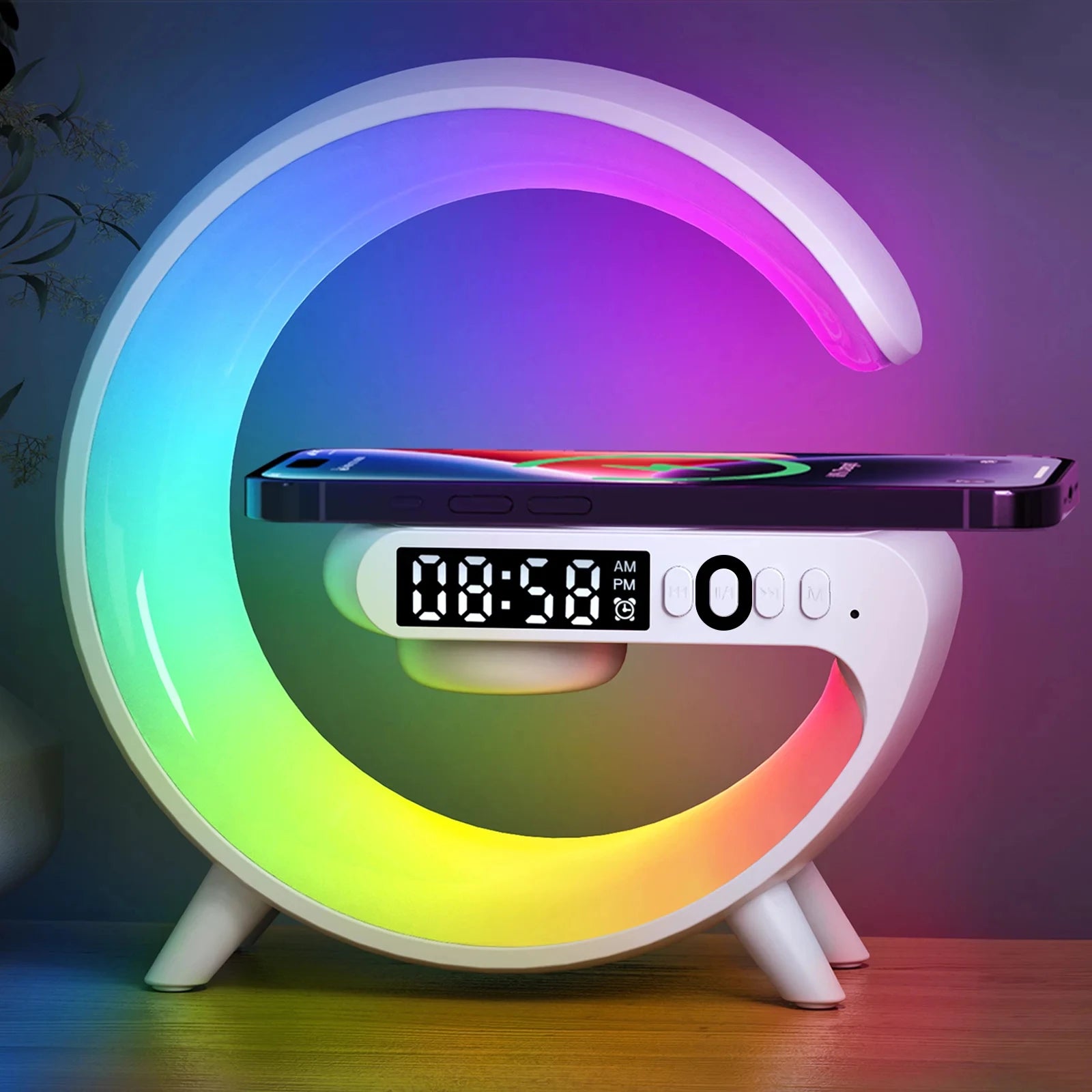 4-in-1 Wireless Charger Stand with RGB Speaker & Alarm Clock
