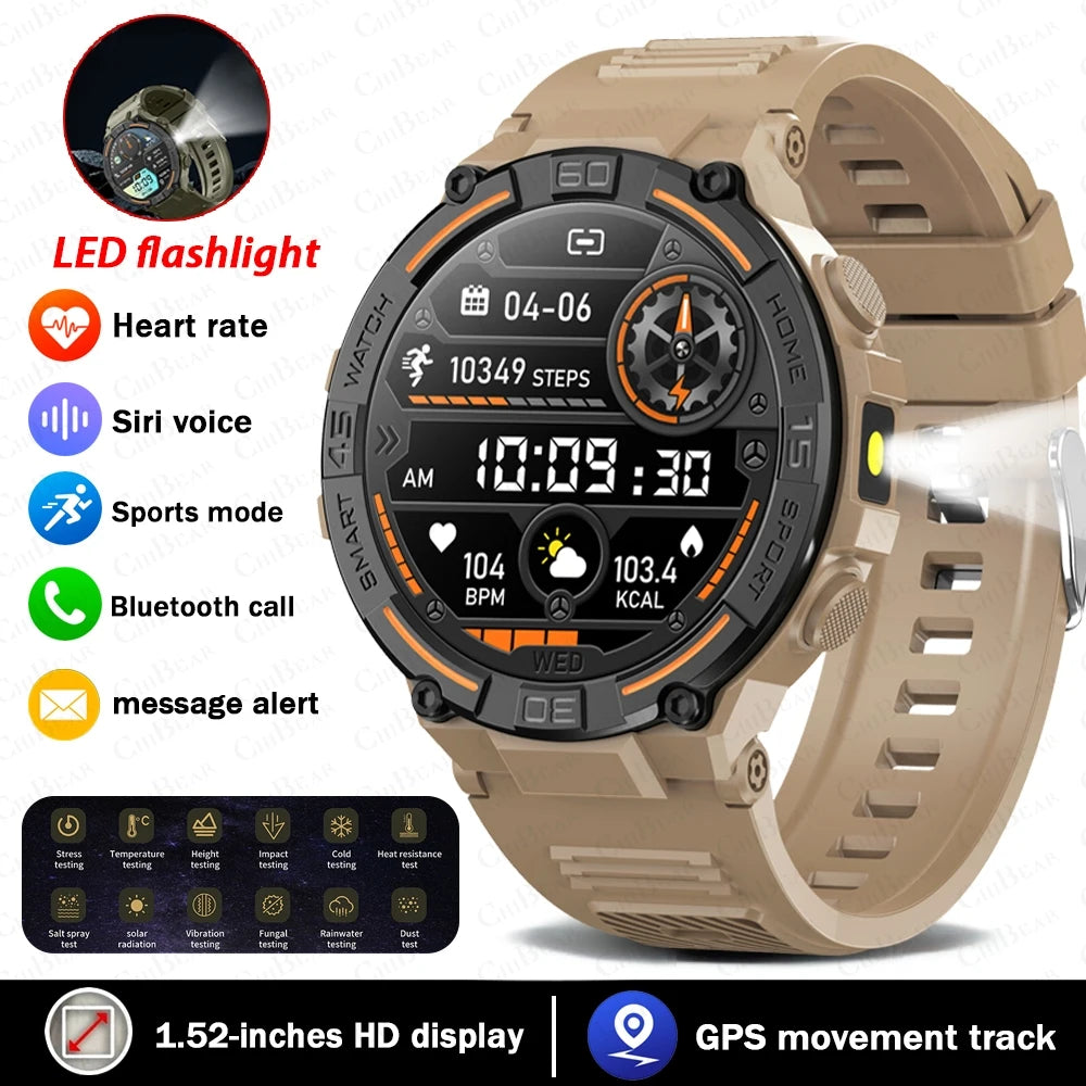 Military Smartwatch for Men – HD Screen, Heart Rate, Waterproof, BT Calls