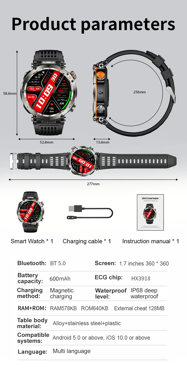 5ATM Waterproof Smartwatch for Men – GPS, Heart Rate, Bluetooth Calls
