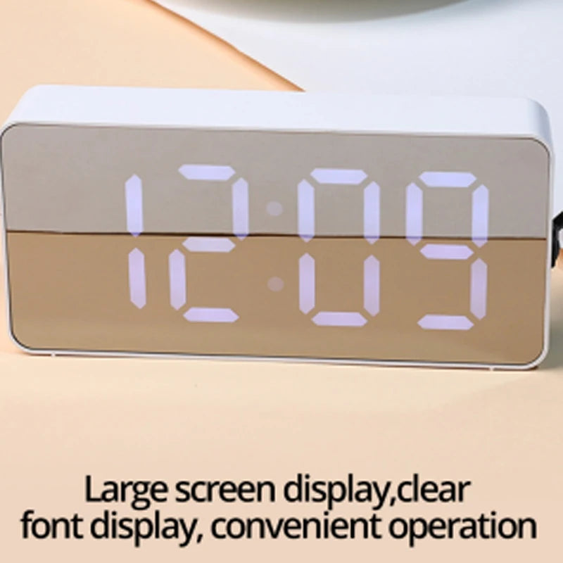 White LED Mirror Alarm Clock – USB-Powered, Snooze & Night Light