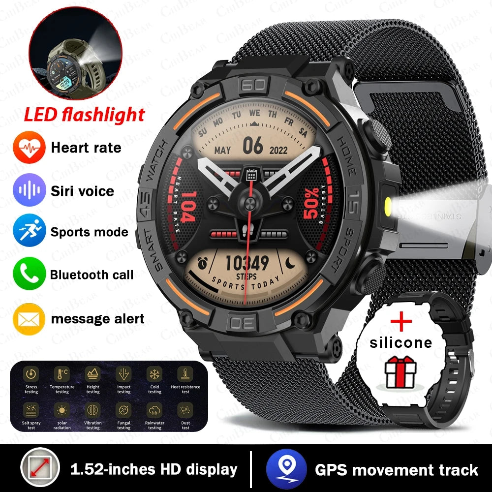 Military Smartwatch for Men – HD Screen, Heart Rate, Waterproof, BT Calls
