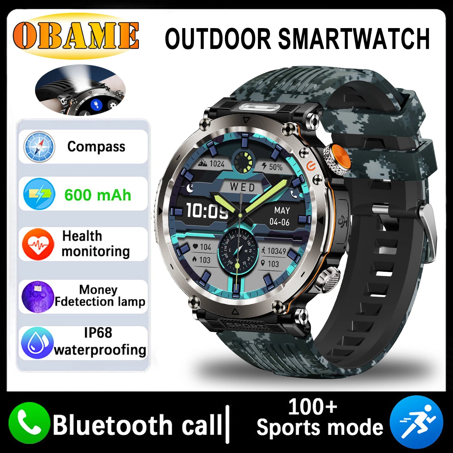 5ATM Waterproof Smartwatch for Men – GPS, Heart Rate, Bluetooth Calls