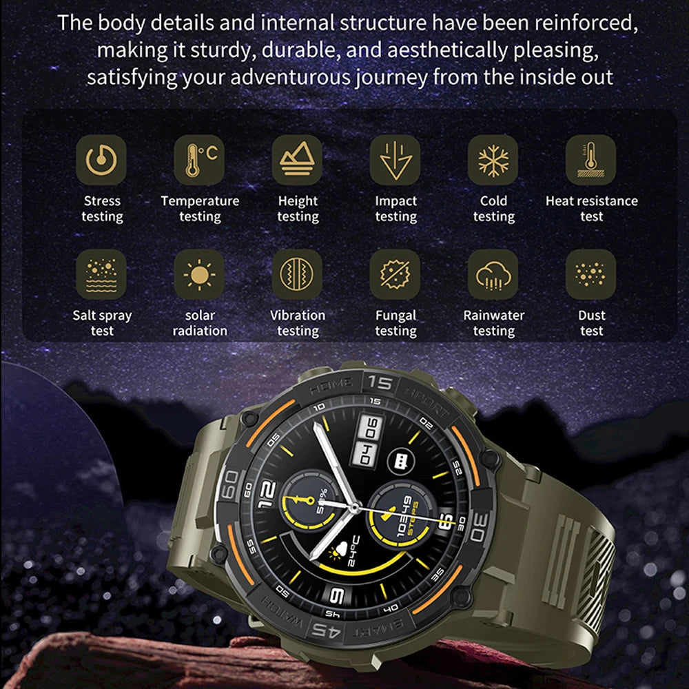 Military Smartwatch for Men – HD Screen, Heart Rate, Waterproof, BT Calls