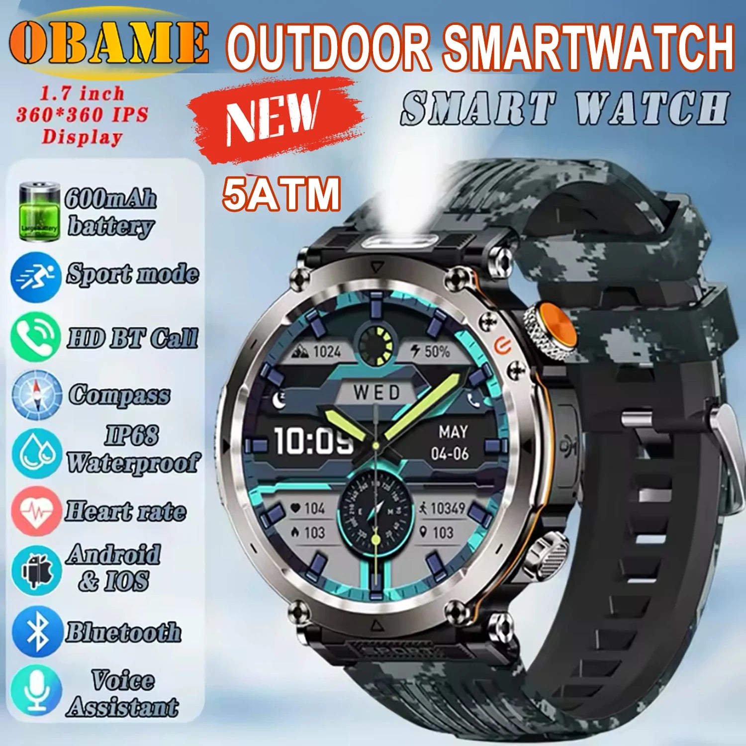 5ATM Waterproof Smartwatch for Men – GPS, Heart Rate, Bluetooth Calls