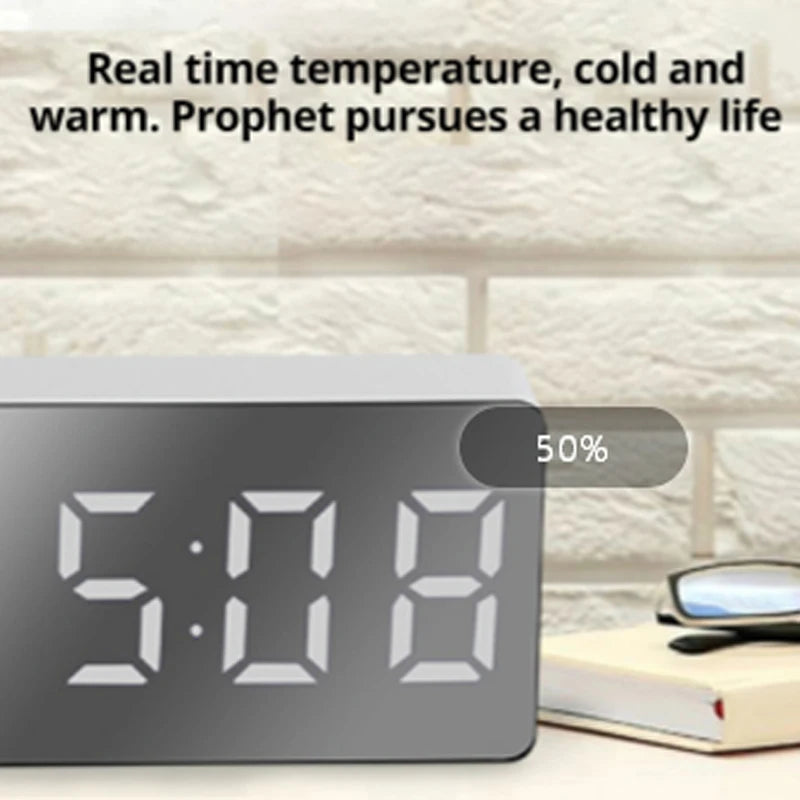White LED Mirror Alarm Clock – USB-Powered, Snooze & Night Light