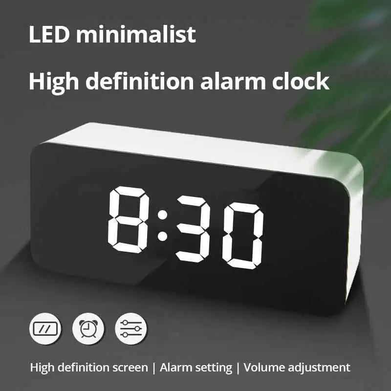 White LED Mirror Alarm Clock – USB-Powered, Snooze & Night Light