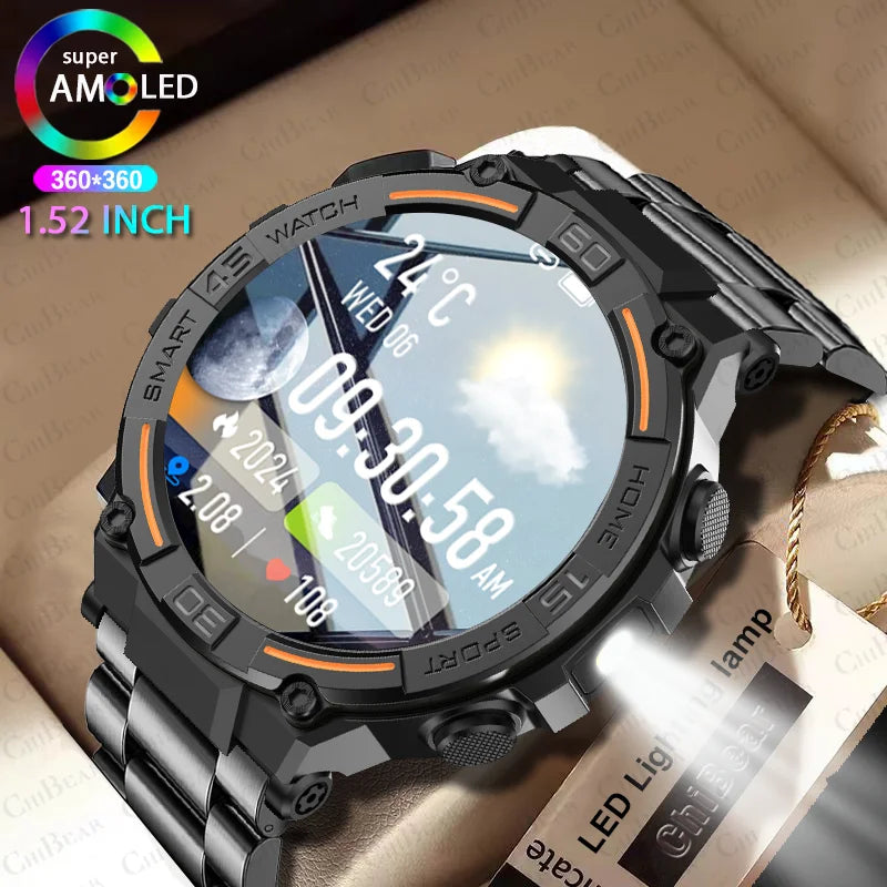 Military Smartwatch for Men – HD Screen, Heart Rate, Waterproof, BT Calls