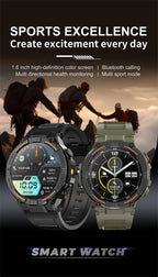 Military Smartwatch for Men – HD Screen, Heart Rate, Waterproof, BT Calls