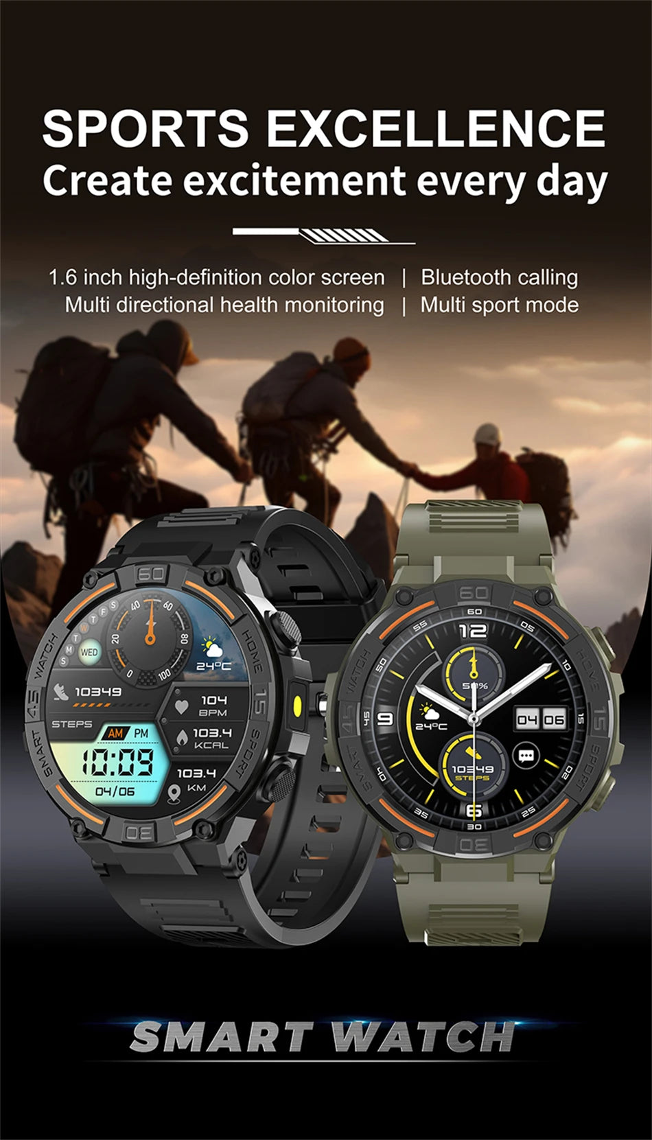 Military Smartwatch for Men – HD Screen, Heart Rate, Waterproof, BT Calls