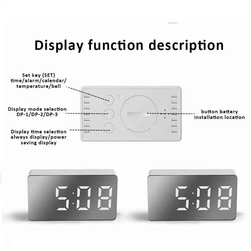 White LED Mirror Alarm Clock – USB-Powered, Snooze & Night Light