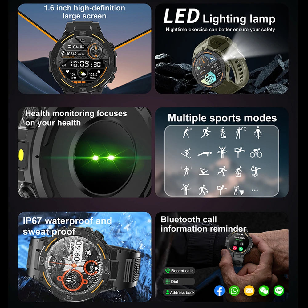 Military Smartwatch for Men – HD Screen, Heart Rate, Waterproof, BT Calls