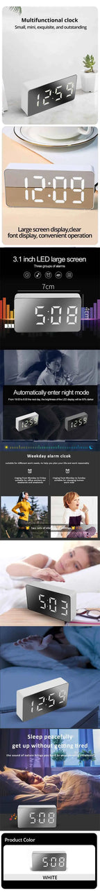 White LED Mirror Alarm Clock – USB-Powered, Snooze & Night Light