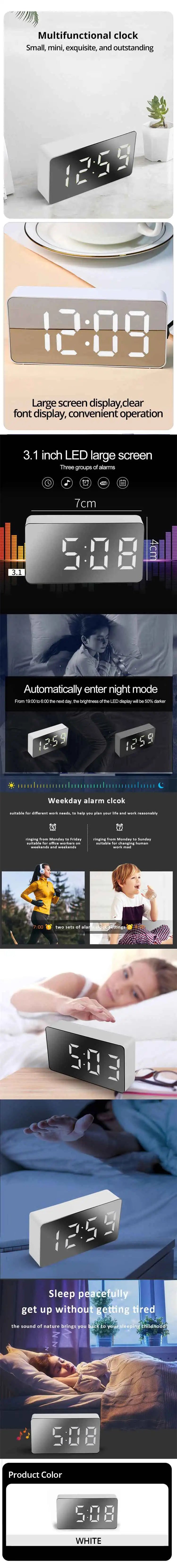 White LED Mirror Alarm Clock – USB-Powered, Snooze & Night Light