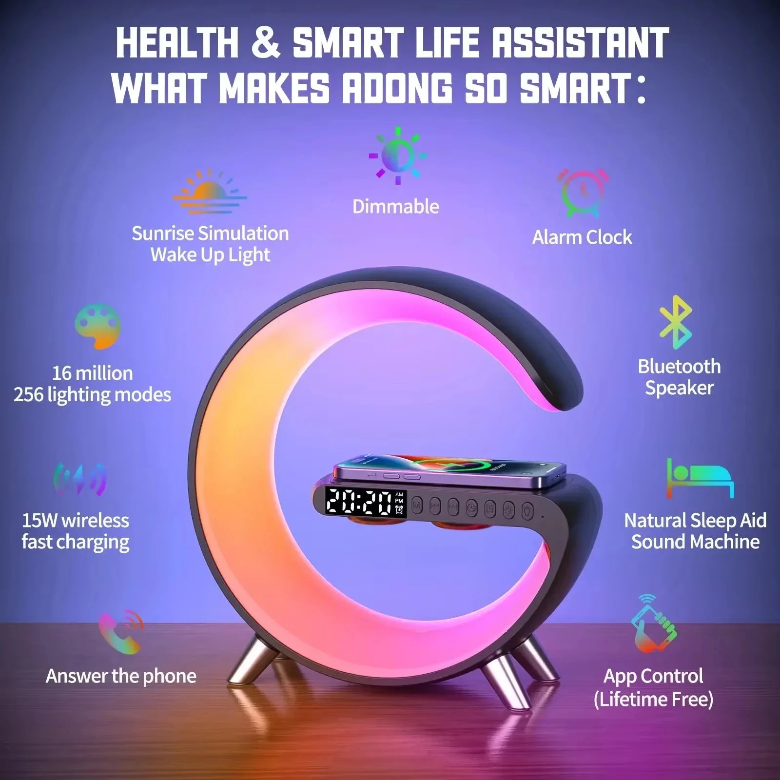 4-in-1 Wireless Charger Stand with RGB Speaker & Alarm Clock
