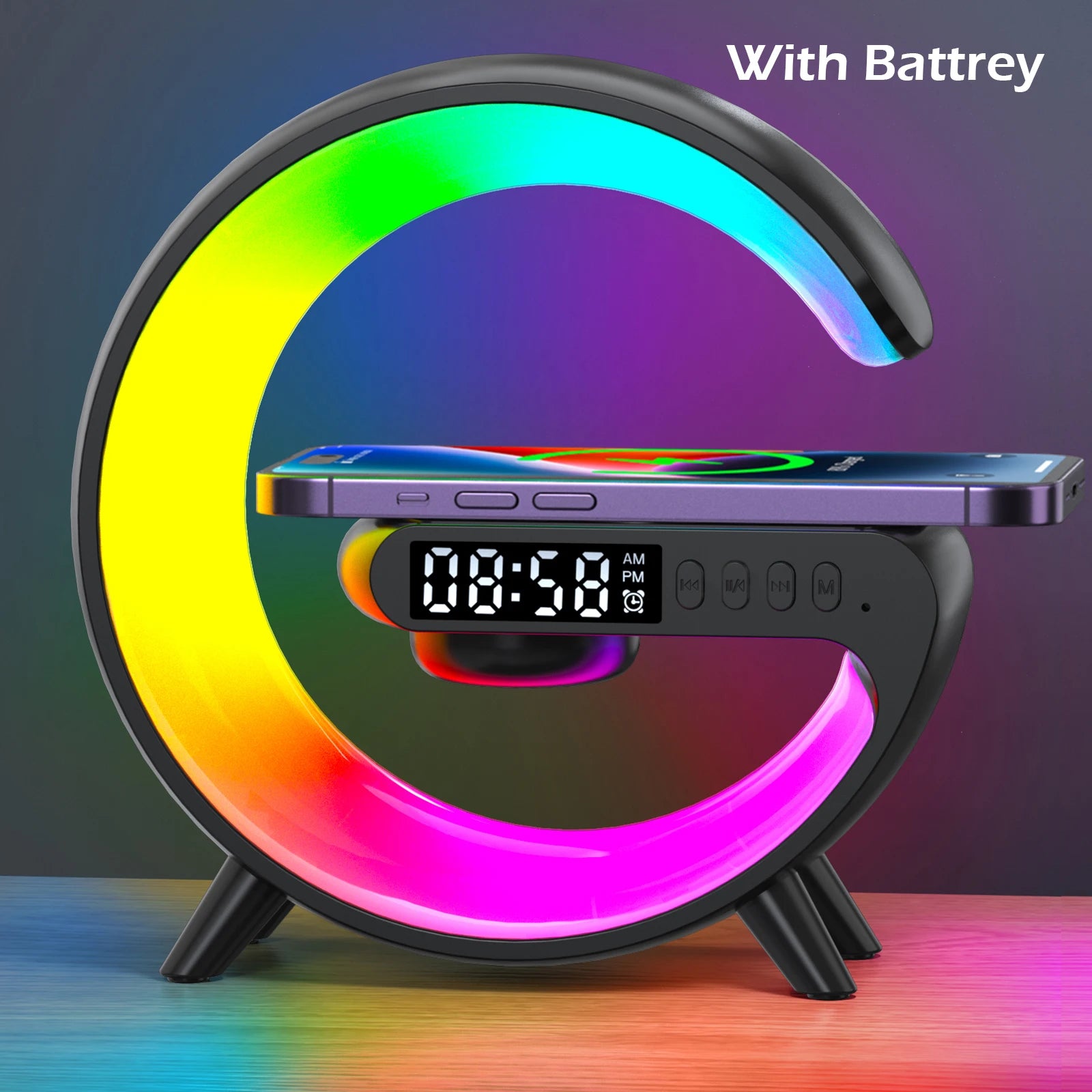 4-in-1 Wireless Charger Stand with RGB Speaker & Alarm Clock