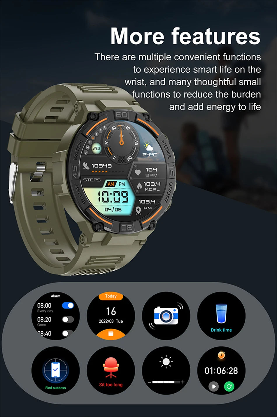 Military Smartwatch for Men – HD Screen, Heart Rate, Waterproof, BT Calls